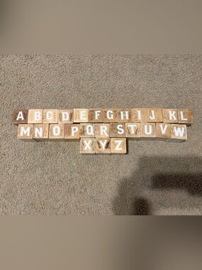 Crate & Barrel Wooden Alphabet Blocks featuring engraved letters and designs